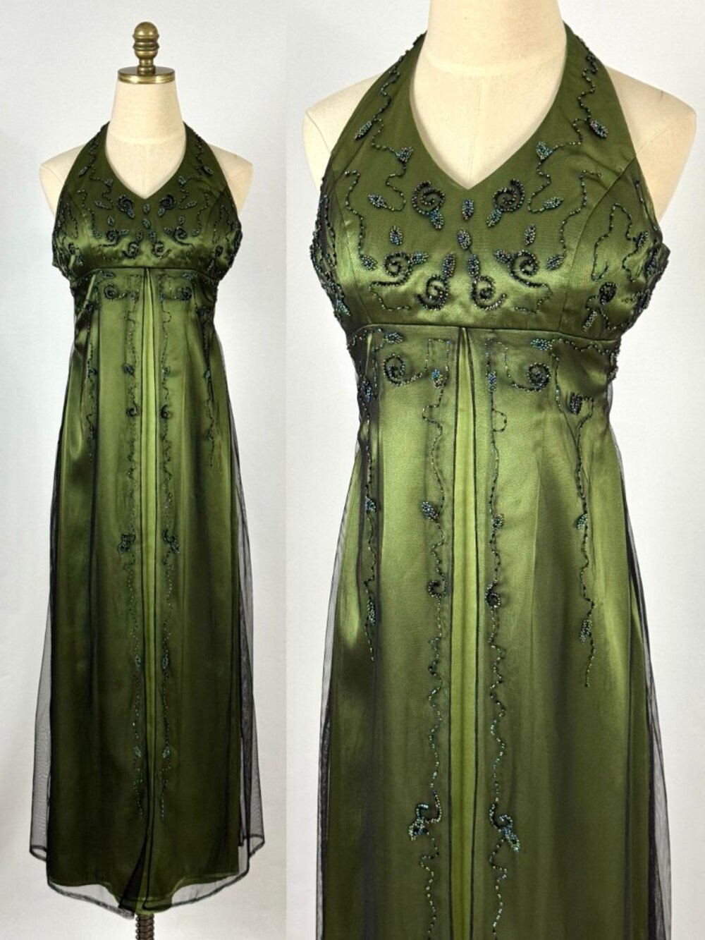 Vtg Y2K Green Black Halter Dress Beaded Mesh Overlay Satin Forest Fairy HOCO
